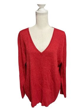 Sandra King Woman Metallic Red V Neck Long Sleeve Silk blend Sweater Size 2X